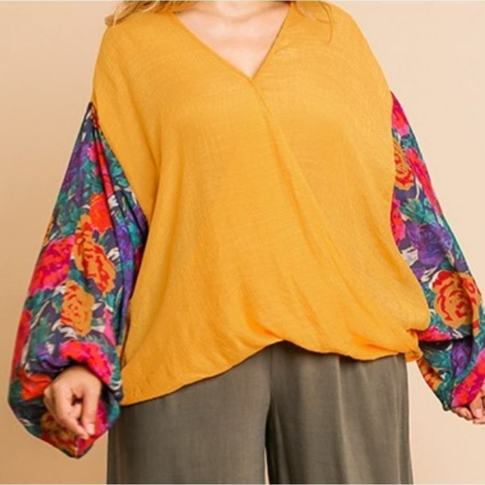 NEW Umgee Mustard Floral Sleeve Top - Picture 1 of 3